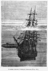 「海底二万里」のノーチラス号。ジュール・ヴェルヌ（1828-1905年）による挿絵、アンリ・テオフィル・イルディブラン（1824-97年）版刻、パリ、エッツェル、1877年刊