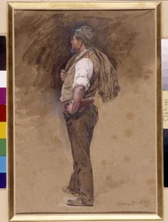 ファーマーはジャケットを頭にかぶっています。 Alphonse Moutte (1840-1913) による絵画、必須の言及: プロヴァンス、マルセイユのコレクション財団の敬意 (薄暗い 27x18)