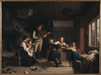 Dimanche soir dans une ferme de Dalecarlie - ダーラナの農家での日曜日の夕べ』Lindegren, Amalia (1814-1891)作。油彩・キャンバス