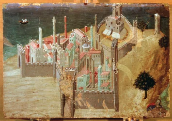 アンブロジオ・ロレンツェッティ（1285-1348）の「海辺の街」、木の上の絵画、22x33cm。