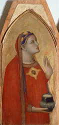 アンブロジオ・ロレンツェッティ(1290-1348年頃)作「マグダラのマリアと聖ドロテアを抱く聖母子」三幅図の細部、木部に油彩