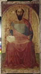 セントポールアンブロジオ・ロレンツェッティ（1290-1348）の絵画。木に描く。ロッカルベーニャ（グロッセート）、聖ペテロとパウロの教会