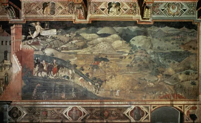 田舎（「都市と田舎におけるグッドガバナンスの効果」の詳細） - Ambrogio Lorenzetti (1285-1348?) のフレスコ画 , 390x810 cm
