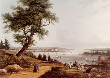 1840 年のニューヨーク市の眺め。ルイ アンブロワーズ ガーネレイ (1783-1857) によるリトグラフ。 パリ。 B.N.