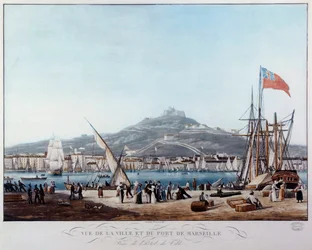 維新後のマルセイユ港の風景 アンブロワーズ・ルイ・ガルネレイ（1783-1857）の水彩画 19世紀 マルセイユ、Musee de la Marine