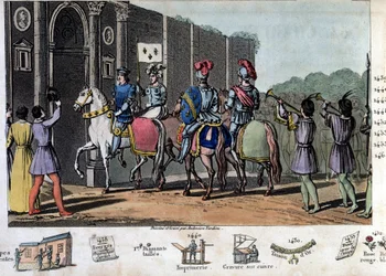 シャルル7世は「The Victorious」（1403-1461）と言う。イギリス軍はオルレアンを包囲していたが、ジョーン・オブ・アークが包囲を解除してオルレアンを解放し、1429年に国王をランスに導いた。- 1825年にAmbroise Tardieuがデザイン、彫刻したもの。