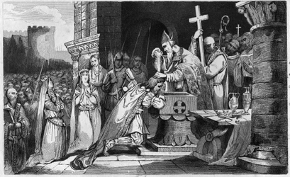 Clovis I (465-511) トルビアックの戦いの前に自軍の兵士と共に洗礼を受ける - Clovis 1stの洗礼式、496年12月25日：Le roi des Francs (466-511)はSaint Martin教会でReimsの前夜祭であるSaint Remi (437-533)から洗礼を受ける - 「Histoi」に掲載されている1825年のエングレーヴィング。