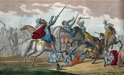 Clovis I (466-511)、フランク王国の王、メロビンジアンの王朝 - AlamansとのTolbiacの戦いで、神が勝利を与えてくれればカトリックに改宗すると誓った - 1825年にAmbroise Tardieuが描いた絵と墓