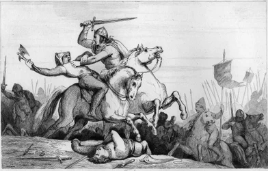 885年、ノルマン人からパリを守るエウデス伯爵 - カロリング王朝のエウデス（オドン）（860-898）は、ノルマン人との戦いを指揮し、パリを見事に守った（885-887） - 「Histoire de France expressed by synoptic paintin」の1825年のエングレービング
