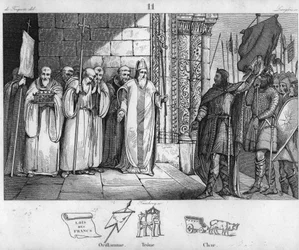 Dagobert 603 to 639 taking down the banner at St Denis - Dagobert I, king of Francs, have created the abbey of Saint-Denis, has the oriflame deposited there around 634 - Engraving of 1825 in "Histoire de France represented by synoptic paintings dedie.
