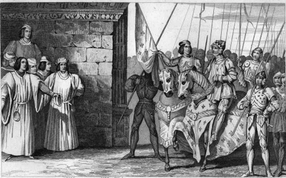 ジャンヌ・ダルク（1412-31）、1429年にシャルル7世（1403-61）の戴冠を待つためランスに到着 - 「勝利王」と呼ばれたシャルル7世（1403-1461） - イングランド軍はオルレアンを包囲したが、ジャンヌ・ダルクは包囲を解き、オルレアンを解放して王をランスへ導いた