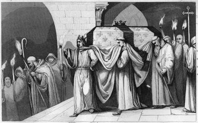 1271年、サン・ドニのバシリカで父の棺を運ぶフィリップ3世（1245-1285） - Philippe III the Hardi has transient the relics of his father Louis IX (Saint Louis), in the basilica of Saint Denis, necropolis of kings in 1271 - Engrav