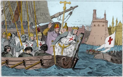 第7回十字軍サン・ルイ王（1214-1270）と十字軍は1249年6月に下エジプトのダミエットを包囲した - 第7回聖地巡礼1248-50 - サン・ルイ9世（1214-70）が軍を率いて戦闘に参加 - 「フランス史」に掲載された1825年のエングレーヴィング
