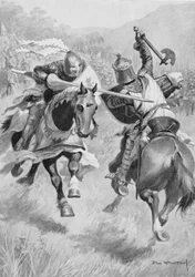 ロバートブルース（1274-1329）とヘンリードボフン（1276-1322）の出会い、イギリス海戦のイラスト（サーイブリンウッド（1838-1919）編）、1915年に初公開（カラーリソ）