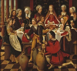 Les noces de Cana - The Wedding Feast at Cana, Benson, Ambrosius (1495-1550)作。木に油彩。寸法：99x105 cm。ストックホルム国立博物館