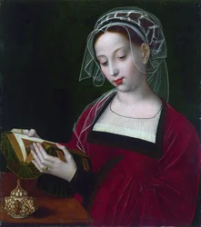 ""Mary Magdalene reading"" アンブロシウス ベンソン (1495-1550) による絵画、1525 年頃 ロンドン ナショナル ギャラリー
