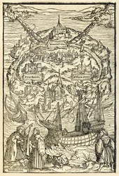 サー・トマス・モア（1478-1535）著『ユートピア』の1518年版からの新しいユートピア島の地図。初版は1516年。アンブロジウス・ホルバイン（1494年頃-1519年頃）による、主人公たちと島を描いた木版画