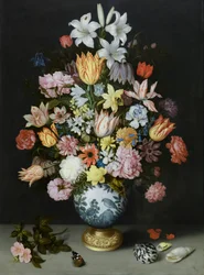 万里の花瓶に活けられた花の静物画