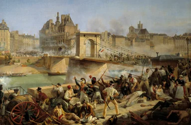 1830年の革命、7月の日：ホテル・ド・ヴィル・ド・パリへの攻撃とアルコール橋での戦い、1830年7月28日（キャンバスに油彩）