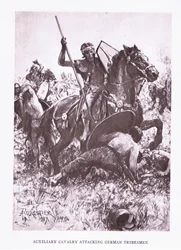 ドイツの部族を攻撃する補助騎兵隊、1928年のローマ兵士のイラスト