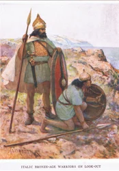 イタリック系の青銅器時代の戦士たちが警戒している様子（「ローマの兵士」のイラスト