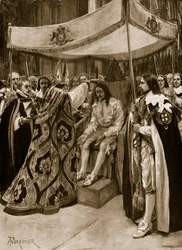1902年の「イラストレイテッドロンドンニュース」のキャンドルデーの日、1626年、ウェストミンスター修道院のカンタベリー大司教、ジョージアボットによるチャールズ1世の油注ぎ