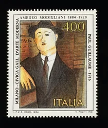アメデオ・モディリアーニ（1884-1920）を讃えるイタリア芸術シリーズの郵便切手で、「ポール・ギョームの肖像」（1916年）が描かれている、400リラの切手。