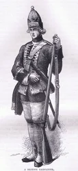 イギリスの擲弾兵（1900年頃、Cassell, Petter & Galpin社の『Cassells History of the United States』に掲載されたイラスト）。