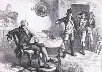 ウィリアム・フランクリンの逮捕図（1900年頃、Cassell, Petter & Galpin社発行のCassells History of the United Statesより）（リトグラフ版