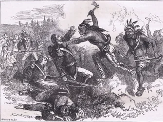 ディアボーン砦でのインディアンの攻撃、1900年頃にCassell, Petter & Galpin社から出版された『Cassells History of the United States』の挿絵（リトグラフ）。