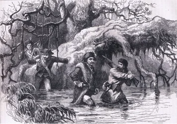 ワバッシュ川を渡るクラークと兵士たち（1900年頃、Cassell, Petter & Galpin社発行「Cassells History of the United States」より）。