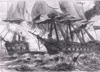 チェサピーク川とシャノン川の戦い（1900年頃、Cassell, Petter & Galpin社発行のCassells History of the United Statesからのイラスト）（リトグラフ