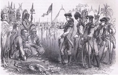 インディアンに演説するバーゴイン将軍、1900年頃にCassell, Petter & Galpin社から出版されたCassells History of the United Statesからの挿絵（リトグラフ）。