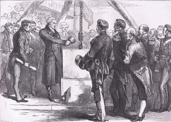 バンカーズヒル記念碑の礎石を据えるラファイエット（1900年頃、Cassell, Petter & Galpin社発行「Cassells History of the United States」より）。