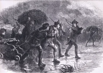 ボストンでのアメリカ人の夜の作戦行動、1900年頃にCassell, Petter & Galpin社から出版された『Cassells History of the United States』の挿絵（リトグラフ）。