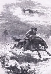 1900年頃にCassell, Petter & Galpin社から出版された『Cassells History of the United States』の挿絵「Paul Revere the Scoutの追跡」（リトグラフ）。