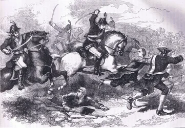1900年頃にCassell, Petter & Galpin社から出版された『Cassells History of the United States』に掲載されたイラスト「Rout of the loyal recruits」（リトグラフ）。