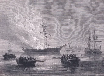 1900年頃にCassell, Petter & Galpin社から出版された『Cassells History of the United States』に掲載されたガスプの焼失のイラスト（リトグラフ版