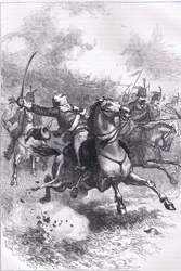 1900年頃にCassell, Petter & Galpin社から出版された『Cassells History of the United States』に掲載されたイラスト「The charge of the Pulaski」（リトグラフ）。