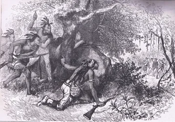 チェロキー族の裏切り 1760年、Cassell, Petter & Galpinが1900年頃に出版した『Cassells History of the United States』の挿絵（リトグラフ）。