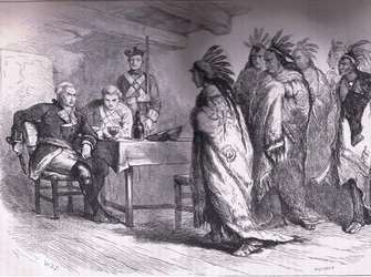 ポンティアックとインディアンのグラッドウィン少佐への訪問（1763年）、Cassell, Petter & Galpin, c.1900発行のCassells History of the United Statesからの挿絵（リトグラフ）。