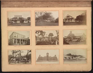 ハワイのアルバム、p.12、クイーンズ・ホスピタル（中央上部）を含む学校などの建物、1880年頃（アルバメン・プリント