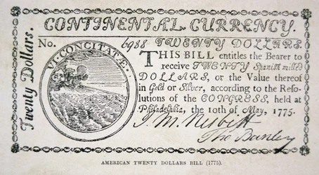 1775年のアメリカの20ドル札（リトグラフ