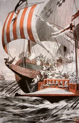 1504年、教皇ユリウス2世の宝船を攻撃するバルバロッサの弟、アロージ（カラーリトグラフ