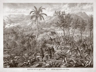 サンティアゴ・デ・クーバ近郊、ラ・クアシナの戦い。1898年（エングレーヴィング）