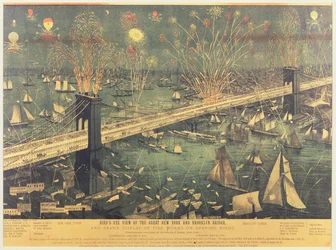 1883年のオープニングナイトのグレートニューヨークとブルックリンブリッジの鳥瞰図と花火のグランドディスプレイ