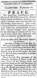 1815年のコネチカットクーラントで印刷された1812年の戦争後のブロードサイド、米国とイギリス間の平和を発表（印刷）