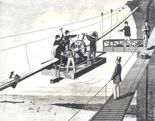 1876年に建設中のブルックリン橋、吊りケーブルの編み込み（彫刻