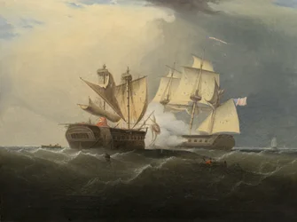 1813年のトーマスバーチ後の米国フリゲートアメリカによるHMSマケドニア語の捕獲