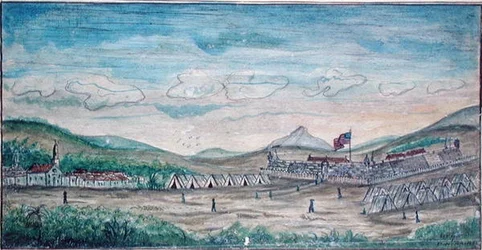 メキシコ、ペローテの街と城（水彩・紙）